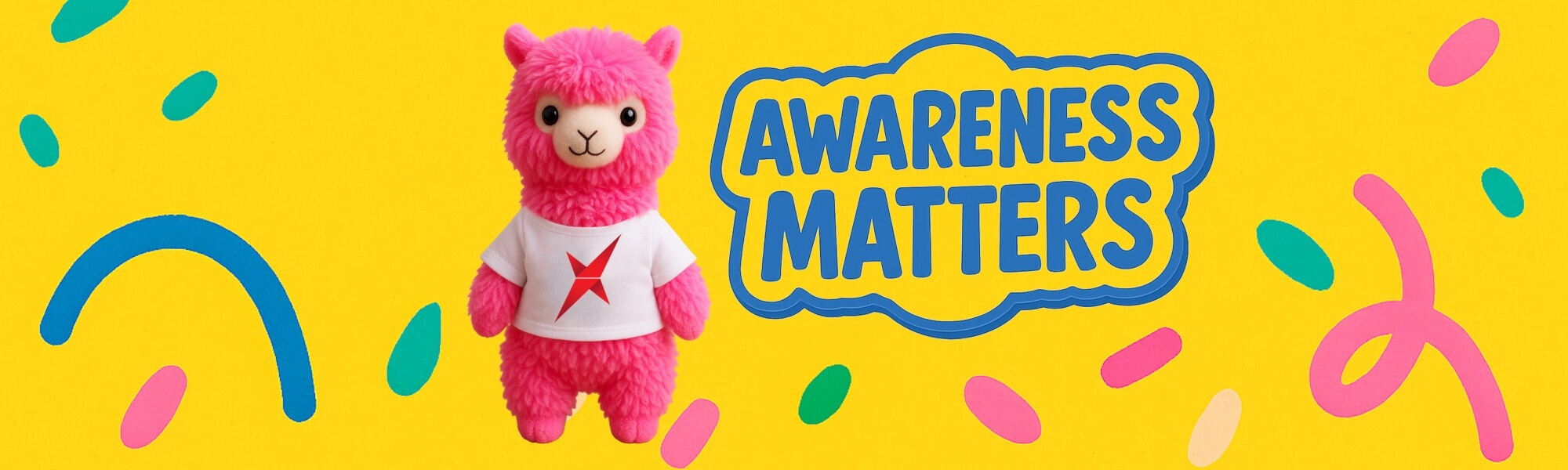 PromosXchange pink mascot with Awareness Matters message – featured in promotional products calendar for awareness events